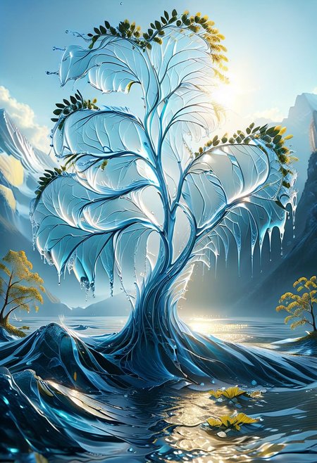 UHD, masterpiece, high quality, extremely details, intricate details, sharp focus, realistic, OverallDetailXL, sss
a tree made of water ,ais-wvs, strong wind, leaves dancing in the air, lake surrounded by mountains,sun sunlight, sunray