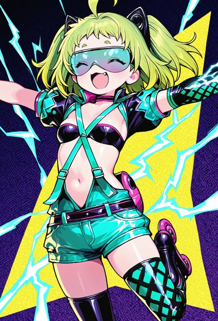 vibrant, abstract background, pattern background, pop art, large lightning on the background, BREAK, 1girl, solo, dohnaantenna, single glove, jacket, choker, short sleeves, midriff, suspenders, thighhighs, asymmetrical legwear, thigh boots, roller skates, short shorts, puffy sleeves, black bra, googles, laughing, fang, spread arms, uncanny, electricity, cute, small breasts