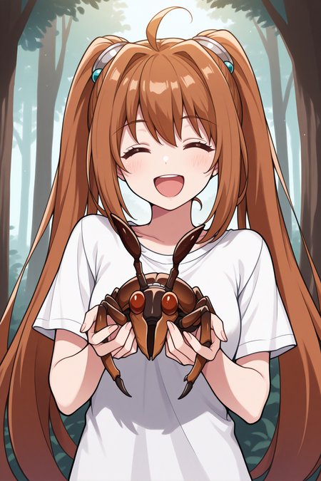 masterpiece, best quality, 1girl, solo  <lora:estellebright-illu-nvwls-v1-000005:1> fcEstl, brown hair, very long hair, ahoge, twintails, white t-shirt, hair bobbles, holding giant beetle, forest, happy, closed eyes, open mouth
