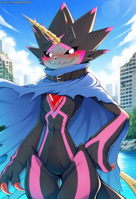 score_9, score_8_up, score_7_up,8k,(masterpiece,best quality)),best res,,good anatomy,cute,(sexy:1.3),ultra cute, ,face,hot,female,smiling,extremely detailed face,4k,happy, upper body,,detailed eyes,beautiful,smiling,,cute,very cute,upper body,tall,arms,,  blush, perfect lighting, hips, skinny,,smiling,tall female,gulusgammamon, solo, looking at viewer, smile, 1boy, standing, tail, male focus, outdoors, horns, sky, day, artist name, belt, cloud, water, cape, blue sky, hand on own hip, no humans, colored skin, watermark, abs, cloudy sky, furry, building, web address, claws, cloak, buckle, colored sclera, single horn, city, cityscape, ruins, skyscraper, digimon (creature), closed mouth, collar, torn clothes, pokemon (creature), walking, blue cape, torn cape