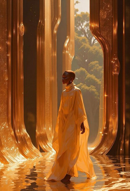 A portrait of an African woman wearing a loose coverall, walking through a massive futuristic temple, light beams fall on intricately carved walls, mosaic floors, high detail, ambient lighting, forest beyond,