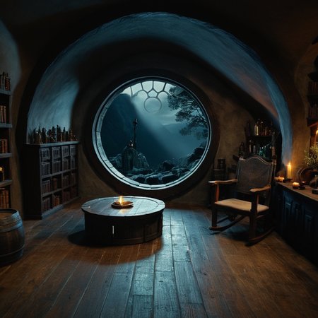 cinematic film still of  <lora:The Lord of the Rings style v2:1>
In a Fantasy Middle-earth world in the dark ages Location a hobbit room with a wooden floor and a circular window,indoors,book,no humans,chair,table,bottle,scenery,wooden floor,scroll,shelf,carpet,barrel,rug , dramatic light, dramatic shadow light, film contrast, cinematic film color, cinematic film look, filmic, realistic, realism, perfection, perfect, movie still, fantasy drama, epic drama, fictional, Age of Wonders, Age of Empires, warriors,  Medieval style, middle ages, dungeons and dragons style, different people, different, unique, kingdoms and castles, violent, aggressive, detailed, perfection, detailed face, detailed body, detailed hands, detailed eyes, sharp, horror themed, dark themed, epic fantasy adventure film style, Legendary, mythical, The Lord of the Rings style, shallow depth of field, vignette, highly detailed, high budget, bokeh, cinemascope, moody, epic, gorgeous, film grain, grainy