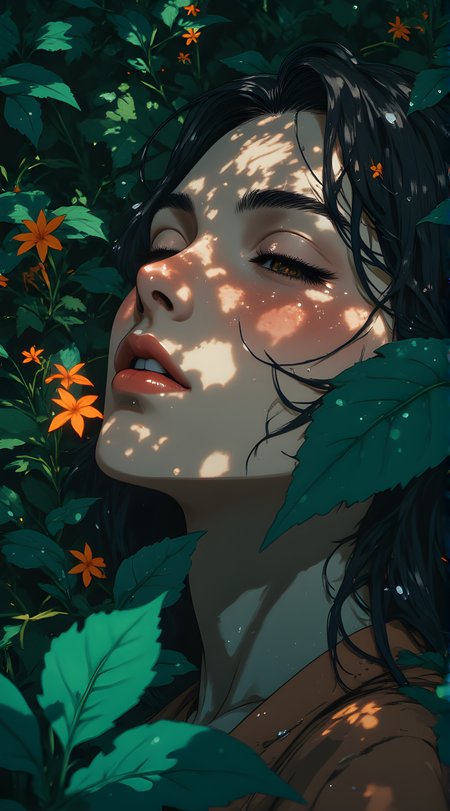 The scene is suffused with a lush, verdant atmosphere, as though the viewer has stepped into a hidden glade where nature thrives in its most vibrant form. At the center of this tranquil setting lies a young woman, her face partially obscured by cascading strands of dark hair that glisten with moisture, as if she has just emerged from water or been caught in a gentle rain. Her skin is smooth and fair, dotted with delicate freckles that hint at hours spent under the sun, now softened by the cool embrace of the surrounding foliage.
Her eyes are closed, their long lashes resting gently against her cheeks, giving her an air of serene repose. A few droplets of water trail down her face, catching the light in tiny prisms that shimmer like dew on leaves. Her lips are slightly parted, revealing a softness that contrasts with the intensity of her gaze when it might be open. The overall impression is one of quiet vulnerability, as though she is basking in a moment of pure stillness, untouched by the outside world.
The background is a riot of greenery, rich and dense, with broad leaves that seem to cradle her like a natural canopy. Among the foliage, bursts of orange flowers add a splash of warmth and life, their petals glowing faintly as though illuminated from within. These blooms stand out sharply against the deep greens, creating a harmonious yet dynamic contrast that draws the eye toward the woman's peaceful visage.
Her hair, damp and tousled, blends seamlessly with the environment, as though she has become part of the forest itself. It falls around her shoulders in loose waves, mingling with the leaves and vines that surround her, blurring the line between human and nature. The lighting is soft and diffused, casting a gentle glow over her features and highlighting the subtle textures of her skin and the intricate details of the plants around her.
The overall mood is one of profound tranquility, as though time has slowed to a crawl, allowing every detailâthe curve of her cheek, the sheen of water on her skin, the delicate veins of the leavesâto come into sharp focus. It is a moment frozen in eternity, where the boundaries between the woman and the natural world dissolve, leaving only a sense of unity and peace.
j_art, anime, anime art, <lora:FLUX\jul\J_Anime:0.7>, <lora:FLUX\RealAnime:0.7>
