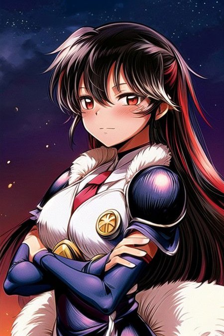 best quality 1girl Setsun4 solo long hair,  (night time) forest background black hair very long hair purple eyes multicolored hair armor, small, (fur trim) (medium body),<lora:EMS-179-EMS:0.800000>,<lora:EMS-293862-EMS:0.800000> bow, hair_bow, hair_tubes, red_bow, brown_hair, long_hair, bangs, ascot, frilled_bow, yellow_ascot, blush, smile, hair_between_eyes, athletic, armor, miko, strengthmda, crossed arms, Smiling, happy