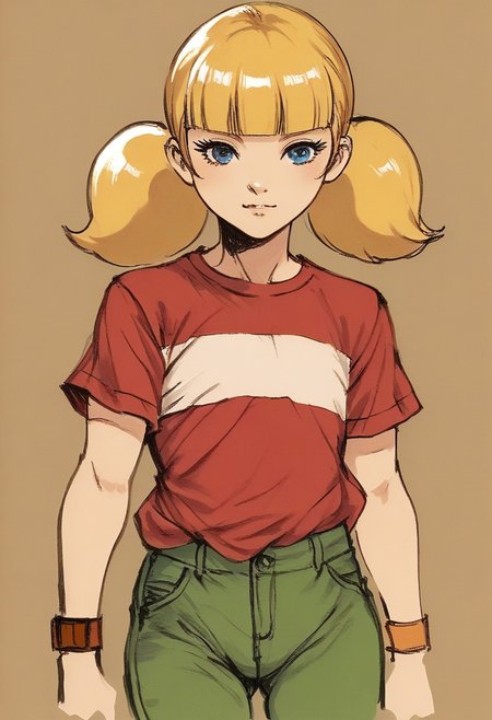 score_9, score_8_up, score_7_up, solo, cowboy shot, 1girl, female focus,  2D, penny \(inspector gadget\), solo,blonde hair, twintails, blunt bangs, blue eyes, flat chest, red shirt, red shirt, striped shirt, stripe, white stripe, green pants, wristwatch, upper body, sketch, yoji_shinkawa, Traditional media