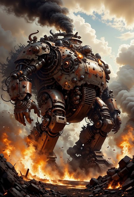 A massive mechanized behemoth, a walking fortress of rusted scrap metal and industrial plating, towering over the scorched wasteland, thick black smoke billowing from its rusted chimneys, gears grinding as it moves, massive piston-driven legs crushing the cracked earth beneath, exposed steam pipes releasing bursts of scalding vapor, flickering orange lights embedded in its heavily armored hull, countless weapons and turrets mounted on its surface, banners of forgotten factions fluttering in the toxic wind, a hellish sky of dust and fire looming above, cinematic lighting, highly detailed and atmospheric.