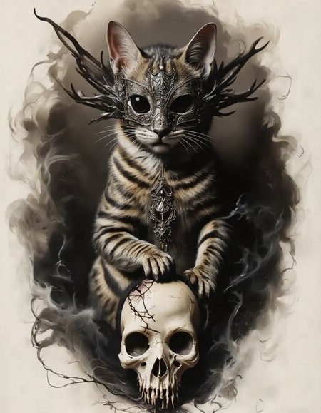 An ultra-realistic portrait of a tabby cat wearing an intricately designed gothic mask, standing dominantly with one paw placed on a cracked skull. The cat's fur is highly detailed, with vibrant tabby stripes softly illuminated by a cold, dim light coming from the right, contrasting with a very dark, warm light glowing faintly from the left. The gothic mask features ornate, dark metallic patterns and a slightly menacing aesthetic, adding an air of mystery and power to the cat's presence. The cracked skull beneath the cat's paw is weathered and aged, with fine fractures running across its surface, creating a chilling focal point. The background is smoky and dark, filled with swirling black mist that adds depth and a sense of eerie atmosphere. The lighting interplay highlights the textures of the mask, the catâs fur, and the skull, emphasizing a dramatic and gothic mood. The overall scene is haunting yet captivating, blending realism with a dark, mystical aesthetic,  <lora:FluxDFaeTasticDetails:0.8>,   <lora:aidmaImageUpraderv0.3:0.4> aidmaimageupgrader,   <lora:victoriangothic_v50_rank64_bf16:1> vicgoth