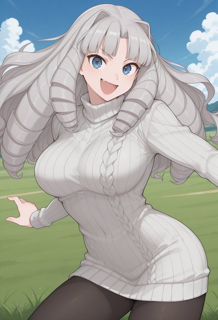 fuzidou_oriko, blue eyes, grey hair, long hair, drill hair, sweater, sweater dress, turtleneck, ribbed sweater, long sleeves, pantyhose, <lora:fuzidou_oriko_illustrious_ver2:0.8> 
smile, open mouth, (looking at viewer:1.2),, masterpiece, best quality, sensitive,, 1girl, solo, blue sky, (grasslands:1.2), looking at viewer,, (dynamic pose:1.4), (upside-down:-1),