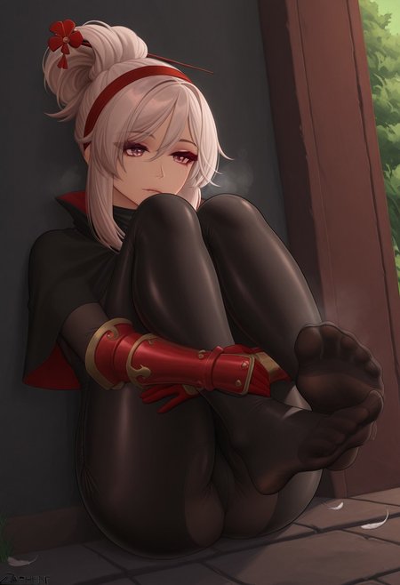 zaphn,  outdoors, undershirt, falling feathers, black bodysuit, hair stick, hugging own legs, , gauntlets,   eyeshadow,   red gloves,  high ponytail,  , black capelet, red hairband, pink eyes, 1girl, solo, feet, visible breath,   dynamic angle, foreshortening, smell, steam,