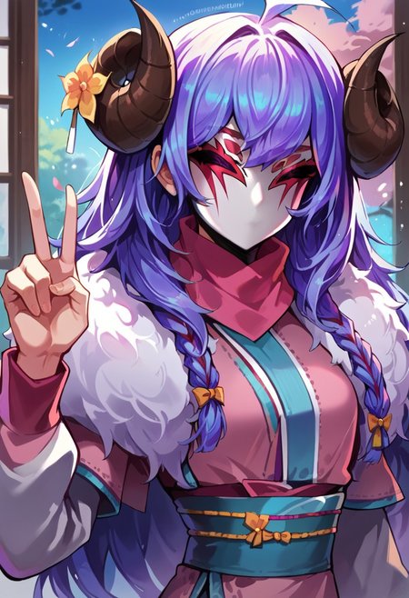 score_9, score_8_up, score_7_up, ultra quality, dutch angle, source_cartoon, smooth outlines, 1girl, Sbkin, sheep girl, curved horns, long hair, purple hair, clothed, scarf, fur trim, japanese clothing, mask, faceless, upper body, peace sign with one hand, sakura garden