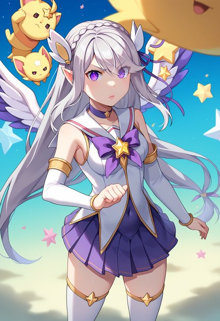 score_9, score_8_up, score_7_up, source_anime,
BREAK
<lora:shistarguardianV1:1.0>, 
shistarstylerng, starguardianstyle, magical girl, alternate costume, star guardian \(league of legends\),
pleated skirt, zettai ryouiki, thighhighs, choker, covered navel, turtleneck, cleavage, detached sleeves, elbow gloves, jewelry, gem, feathered wings, 
tiara, sailor collar, eyes visible through hair, armlet, circlet, pink lips, bow, bowtie, 
alternate hairstyle, alternate hair color, hair ornament, yordle, creature,  star \(symbol\), 
1girl, solo, 
<lora:shiEmiliaV2:1> shimilia, long hair, grey hair, purple eyes, pointy ears, crown braid, hair flower, hair ribbon, purple ribbon, x hair ornament
angry, looking at viewer, shaded face, flying, floating hair, blue sky,