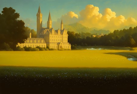 very awa, masterpiece, best quality, hightres, absurdres, no humans, scenery, summer, morning, meadow, river, garden, mansion, oil painting \(medium\),  <lora:EXpeRimental-IL:1>