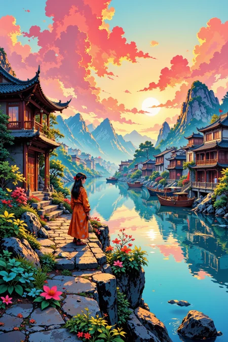 an aquatic city beautiful landscape, early morning, woman, very intricate, very detailed, sharp, bright, colorful, <lora:Hand v2:0.5> <lora:Anti-Blur:1><lora:Insane Detail Slider:0.25>  <lora:flux.1_lora_flyway_Epic-detail_v2:0.3> <lora:fluxenhancer:0.25> <lora:ROWER:0.6> <lora:flux-charmer-v1-1:0.4><lora:Vibrantly_Sharp_style_v.5:0.4> <lora:realanime:0.7> <lora:Chinese_Ink:0.3> chinese ink style