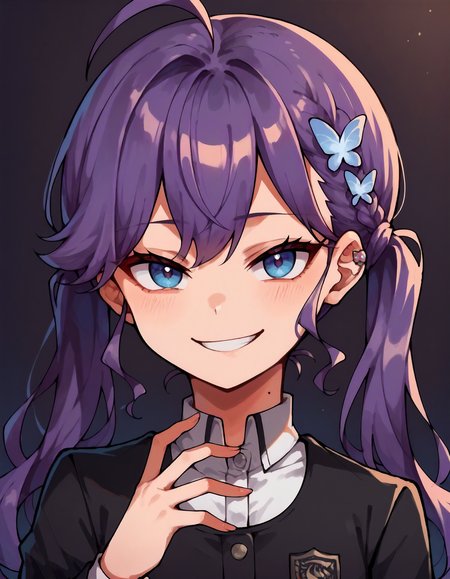 score_9,score_8_up,score_7_up,1girl,solo,upper body,looking at viewer,smirk,dark background,
<lora:kayarinha_ponyXLV6:0.6>,gikr,
purple hair,ahoge,braid,twintails,blue eyes,
butterfly hair ornament,ear piercing,mole on neck,
collared shirt,black shirt,high-waist skirt,black skirt