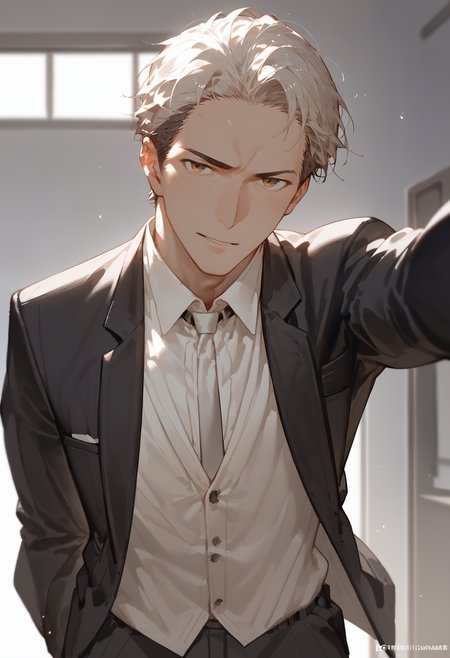 score_9, score_8_up, score_7_up, [:1boy:0.5], kabedon on viewer, bangs, white shirt, formal suit
<lora:kabedon_pony_2:1>