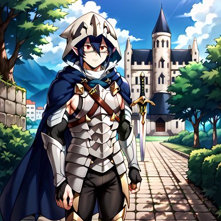 masterpiece, best quality, sharp aliasing, highly detailed, Quality, High Definition, <lora:EPfeCorrinPony:1>EPfeCorrin, blue cape, armour, black gloves, black pants, wearing pants, outdoors, day, stone ground, tree, bush, buildings, barefoot, toeless legwear, armoured legwear, stirrup legwear, 5 toes <lora:Amajiki_Tamaki__Pony:1>Tamaki Amajiki, pointy ears, red eyes, dark blue hair, hair between eyes, hood, mask, male, male body, sword, standing <lora:feet_anime_pony_v2:1>feet, dark blue toenails