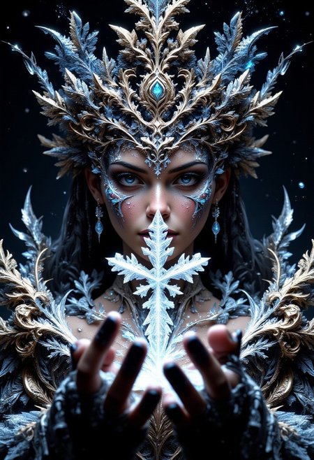 masterpiece, highly detailed
enigmatic eyes of a sorceress. Intricate winter patterns made of snowflakes, ice crystals and glittering light effects that shimmer on the face. Chiaroscuro. Drama, shadows on the face. Color palette of rich white, cream and shimmering silver tones.  captivating image. (((upper body, dress)))
vivid color, simple background, 3D Render Style, hkmagic, DreamArt, Digital artwork featuring a highly detailed snowflake design, intricately carved into the shape of (SUBJECT). holds a large snowflake in his hand. Glass snowflake. crystal snowflake.
