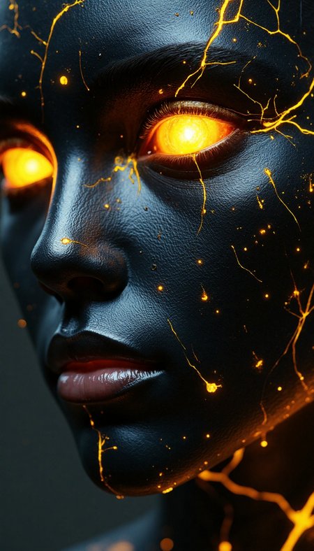 This image portrays a compelling, futuristic character that feels alive with restrained energy. The glowing gold eyes and accents against the metallic black skin create a striking contrast, emphasizing themes of power, transformation, and the interplay between darkness and light. The intricate textures and patterns add to the narrative of a being that is both human and transcendent, evoking mystery and awe.