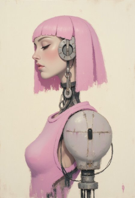 a realistic renaissance dry brush painting. a female servant android made of weathered ivory, partially painted vivid pink, her joints and cables are silver. her inverse bob is sharp cut and asymmetric. her posture is robotic and her expression attentive. the ivory texture is hyper detailed and weathered, contrasting with the other futuristic body parts.