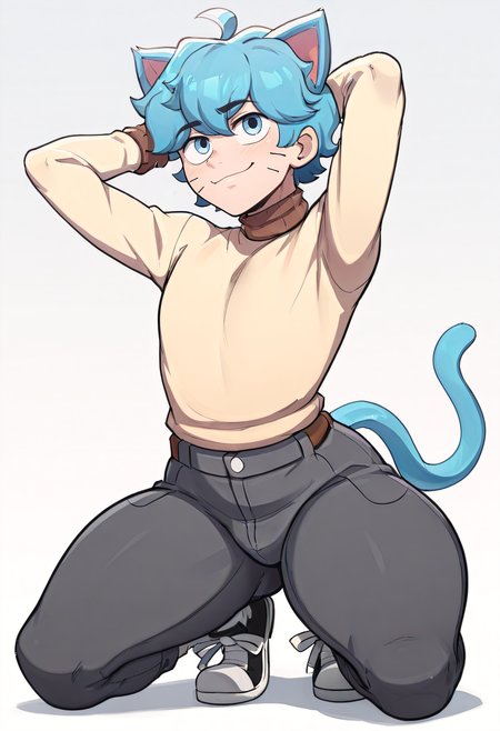 masterpiece, best quality, high quality, detailed, Gumball Watterson, 1boy, male focus, blue tail, solo, tail, whisker markings, cat boy, socks, blue eyes, blue hair, cat ears, cat tail, thick thighs, ahoge, black sneakers, bottom heavy, closed mouth, <lora:Gumball-Illustrious-XL:1> <lora:noobaiXLNAIXL_epsilonPred11Version-lora:0.2>, good anatomy, on knees, hand behind head, brown collar turtleneck sweater with brown cuffs, dark grey pants