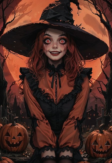score_9, score_8_up, score_7_up, score_6_up, hllwn, halloween, vintage, source_anime, masterpiece, gloomy and sinister forest, giant red moon, giant pumpkins with evil luminous face, cute witch, red hair, red eyes, blushing, freckles, dark and orange two-tones sorceress dress, sorceress hat, halloween outfit, (two-tones stockings with frills:1.2), (crazy face:1.2), sadistic smile, focus on giant pumpkins