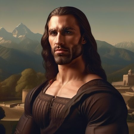 GigaChad1024, a muscular man, portrait, long hair, monalisa pose, detailed face, detailed eyes ,  highly detailed, photography, ultra sharp, film, bokeh, professional, 4k   <lora:GigaChad1024:0.8>