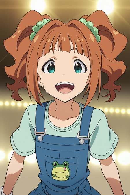 score_9, score_8_up, score_7_up, anime screencap,
on an idol stage, spotlight,
 <lora:Yayoi_Takatsuki:1>1girl, solo, Yayoi Takatsuki, brown hair, twintails, green eyes, hair ornament, frog,
happy girl, expressive eyes, looking at the viewer, (mouth open:1.5), overalls, cowboy shot