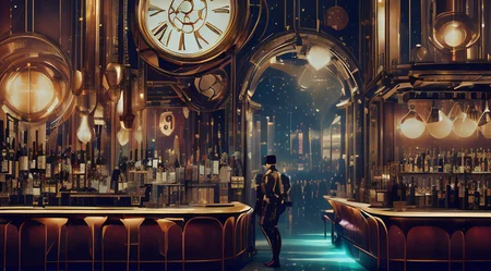 scifi <lora:FragRealityTech:0.9> A sparkling French 75 in the foreground, a bar in the background serving patrons of the end times, fragrealitytech <lora:AdvancedEnhancer:1> wide shot, (Dark Wave Art:0.9), (bright hues:0.6) <lora:realistic:-0.25> <lora:sharpen-soften:-0.25><lora:tangbohu-detailmaker_v2.5:0.25> bokeh,