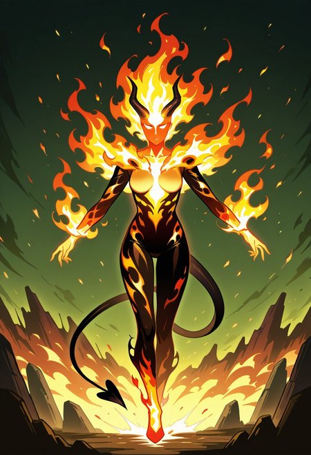 masterpiece, high res, fantasy aesthetic, 
BREAK,
1woman, ((fire elemental)), (flame body), flames, fire, fire spirit, brimstone, demonic, silhouette, long demon horns, long demon tail
Castlevania style, castl3van1a5tyl3