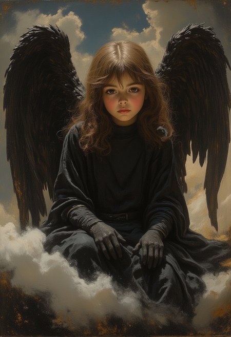 ((dark Renaissance by Bartolome Murillo)) ((teen angel girl with dark wings)), solo, ((sitting on the cloud)), tragic scene, nimb, dark clouds, black sad eyes, half-turned gaze to the viewer, bowed head, dark tunic, curly brown hair, ((Bartolome Murillo style)), dark Renaissance, gradient of aged yellowed canvas, ((best quality, masterpiece)), (more rights high detail), Impressionism:1.1 , 8k