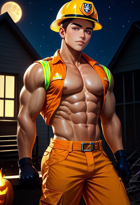 score_9, score_8_up, score_7_up:1.4), Expressive, ultra detailed, (perfect anatomy), Face Details:1.8, 1boy, male, solo, Asian, handsome face, detailed face, Asian facial features, Asian eyes, detailed eyes, ((hazel eyes)), perfect eyes, strong jaw line, sharp nose, full lips, pouty lips, thin eyebrows, brown hair, short hair, hair short on sides and long on top, modern styled hair, tan skin, dark complexion, muscular, muscular pecs, muscular arms, defined six pack abs, toned legs, muscular ass, thigh gap, narrow waist, broad shoulders, ((firefighter outfit, firefighter coat, firefighter pants, firefighter helmet, orange firefighter suit, long sleeves, midriff, flame pattern black gloves, <lora:Firefighter:1>)), sexy pose, model pose, sexy, modeling, posing, male model, flirtatious look, seduction, BREAK, perfect body proportion, natural lighting, extremely detailed, best quality, dynamic angle, high res image, masterpiece, perfect hands, (looking at viewer), Halloween style setting, bats, ((Haunted house in background, windows lit up in house, Jack-o-lanterns on the ground)), night time, darkness, crescent moon in night time sky, Halloween colors,
