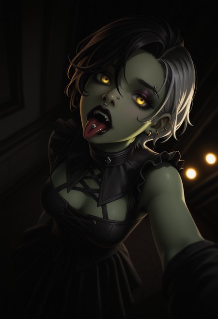 masterpiece, best quality, Graphic Design, color art, vibrant colors, colorful, intricate details, high contrast, cinematic lighting, detailed background, beautiful detailed, beautiful face, detailed eyes, detailed face, new, newest, 1girl, solo, raidserris, short hair, silver hair, yellow eyes, colored skin, green skin, makeup, black lipstick, mole, choker, looking at viever, dark, room, dutch angle, depth of field, film grain, bokeh, perspective, open mouth, tongue out, selfie, from above, high angle,, black dress, (piercing, tongue piercing, nose piercing, eyebrow piercing, ear piercing:1.2), goth, sleeveless, multicolor hair, black hair, head up,