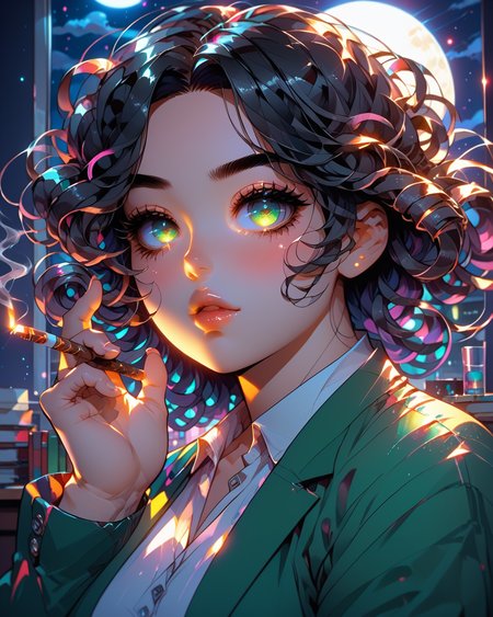 PonyScores7, source_anime, ah1, BREAK 1girl, (curly hair), long hair, (black hair:1.3), mature female, (parted hair:1.7), (round face:1.2), (fringe:-0.5), (bangs:-0.5), (hair between eyes:-0.5),  (thick eyebrows), (curvy), round-chin, (greenish hazel eyes), caucasian, (downturned eyes:1.4), (plump face), <lora:ETO_OCPonyXL:0.5> eto_oc, skindentation, (plump), thick thighs, wide hips, busty, voluptuous, kinky curls, lips, <lora:venus body PonyXL:0.4>,  (Sleepy, Drooping eyelids, half-closed eyes, and a slightly dazed expression), (holding a cigarette, perfect fingers, perfect hands), (in office , at night), looking at viewer, (Baker-Miller pink Go to a pet adoption event in a comfortable outfit and sneakers), BREAK <lora:xl_more_art-full_v1:0.2>, <lora:shinyskin2:0.2> glistening skin, <lora:aesthetic_anime_v1s:0.2>, <lora:Expressive_H:0.2> Expressiveh, <lora:hairdetailpxl:0.2> hairdetailpxl, <lora:EpicF4nta5yXL:0.2>, <lora:detailxl:0.2> detailxl, <lora:Fant5yP0ny:0.2>, best quality, amazing quality, best aesthetic, absurdres, <lora:expressive eyes:0.2> expressive eyes, <lora:eyedetailpxl:0.2> eyedetailpxl, illustration, Volumetric_Lighting, ultra-detailed, very aesthetic, intricate details, 8k, masterpiece, best_quality, BREAK (Eye-level angle (from the side) view Close shot (focus on feet)), BREAK <lora:Eyes_High_Definition:0.3> EyesHD, Stable_Yogis_PDXL_Positives, AS-Adult, <lora:Complicated fantasy portrait - XL Pony V2.0:0.4>, bad-hands-5,