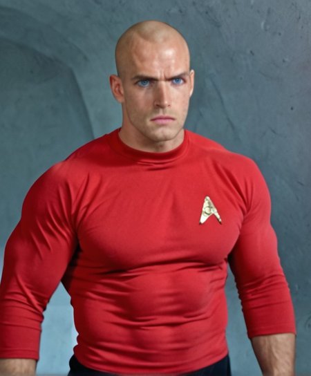 1boy, 20 year old male, Handsome, masculine, blonde, star trek, red shirt, muscle,  tall, tight shirt, wide pectorals, big shoulders, wide shoulders, muscular neck, German, bald, big pale blue eyes, abs, biceps, scowling facial expression, phaser, hand,

stunf, star trek uniform,