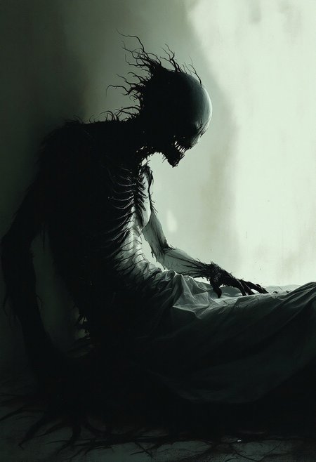 A dark entity sits on my bed, A dark entity keeps me awake all night. The disturbing and grotesque world of Stephen Gammel. Andrew Wyeth style, Katsuhiro Otomo. Masterpiece, high quality work. Full-length view. Perfect body anatomy. Digital art. Unnatural muted colors. Shadows.