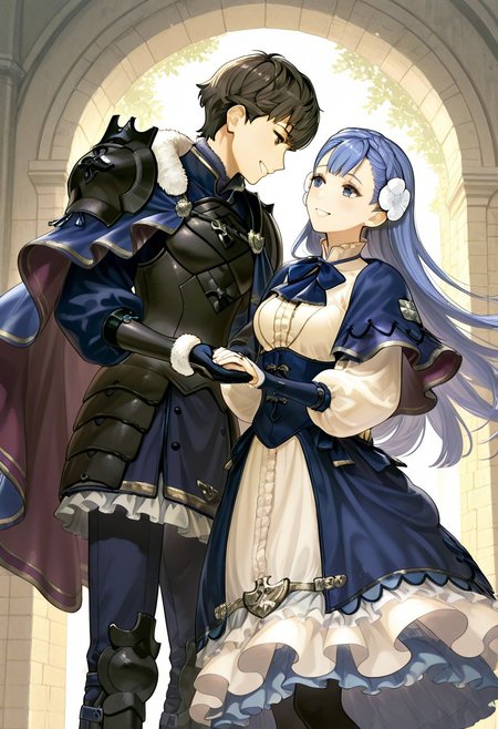 masterpiece, best quality, amazing quality, soft lighting, low lighting, volumetric lighting, outdoors, 1girl, <lora:rinea-10:0.8>, rinea_(fire_emblem), hair ornament,  flower, blue hair, , blue eyes,  long hair, hair flower, crown braid, black pantyhose, fur trim, corset, flower, puffy sleeves, frills, pantyhose, frilled dress, puffy long sleeves, blue bowtie,  blue dress, long sleeves, blue bow, white dress, shoes, braid, dress, blue skirt
 BREAK 
1boy, b3rkut_fe, brown hair, bangs, short hair, brown eyes,black armor, fur trim, blue cape, pauldrons, shoulder armor, gauntlets, pants, holding hands to each other, looking at each other,smile, cowboy shot