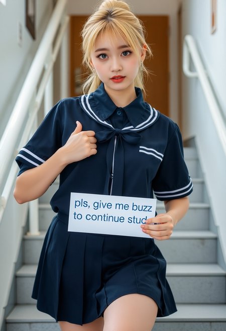 Gray eyes, South Korea school uniform, summer school uniform shirt, ribbon tie, skirt, bright blonde hair, school stairs, lower school stairs, chest thrust pose, chest bragging pose, 8k original photo, high resolution, 1 Korean cool, very large round breasts, beautiful eye details, long eyelashes, beautiful double eyelids, eye shadow, eyeliner, slender eyes, slender eyes, slender eyes, slender eye shape, beautiful very thin legs, beautiful very thin thighs, random medium hair, hair tied behind the head, earrings, 
Holding sign text on it "pls give me buzz to continue study"