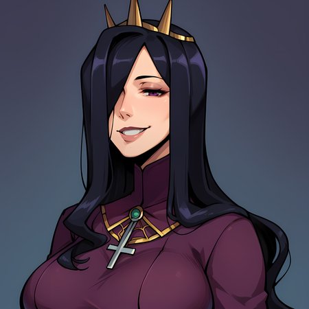 score_9,score_8_up,score_7_up,score_6_up,source_anime,rating_questionable,solo, 1girl, 3/4 profile,  <lora:Queen_Nancy_-_Skullgirls:0.8>QueenNancy,long hair, hair over one eye, large breasts, purple dress, black hair, queen, crown, close up, mature woman, smile,, zPDXL2,
