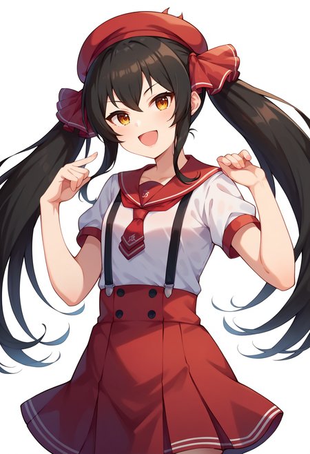 score_9, score_7_up, hd, (ultra hd quality details), source_anime,
solo, 1girl, risamasbase, black hair, twintails,
ambteeuniform, school uniform, beret, red sailor collar, red ribbon, hair ribbon, red ribbon, short sleeves, necktie, pleated skirt, red skirt, suspenders, suspender skirt,
looking at viewer, smile, open mouth, 
standing, hand up, 
<lora:_risa_matoba-elesico-pony:0.9>
