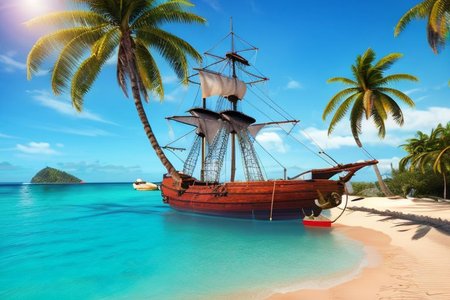 (masterpiece:1.2), (best quality,:1.2), 8k, HDR, ultra detailed, ((photorealistic)),  a pirate ship anchored at a beach, waving palm trees. afternoon sun, blue sky, calm sea, no people, professional light, cinematic lighting, ambient lighting, sunset,