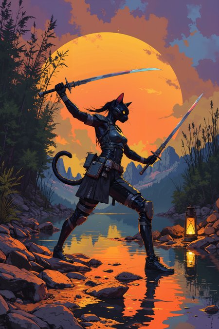 On the edge of a tranquil lake that mirrors the fiery hues of a setting sun, a lithe, cat-like warrior with sleek, jet-black fur practices a deadly dance of blades. Her twin scimitars, shimmering with an iridescent light, slice through the air with precision, each movement flowing seamlessly into the next. She wears lightweight armor crafted from flexible, dark leather adorned with silver accents, allowing her unparalleled agility as she spins, leaps, and strikes at invisible foes. The lake is surrounded by towering reeds that sway gently in the cool evening breeze, their rustling creating a rhythmic backdrop to her movements. The sky is a tapestry of oranges, purples, and golds, reflected perfectly in the glass-like surface of the water, which ripples slightly as her movements disturb the stillness. Nearby, a lone lantern glows softly, casting a warm light on her practice area, its flickering flame adding to the ethereal beauty of the scene. Her sharp, golden eyes are locked in intense concentration, her ears flicking occasionally as she tunes out the world around her. Each strike of her blades creates a faint hum in the air, as though the weapons themselves are alive with latent energy. The scene is one of grace and lethal precision, a predator honing her craft with unwavering focus. , detailed background  Fantastic lighting. Detailed shadows.intricate details, vivid colors, hyper-detailed, ultra-sharp, High resolution, high detail. Highly detailed. ,in the style of cksc,anime, cyberpunk, DB4RZ, DB4RZ style painting <lora:CPA:0.5><lora:FLUX-daubrez-DB4RZ:0.3><lora:Luminous_Shadowscape-000016:0.3><lora:ck-shadow-circuit-000021:0.35>