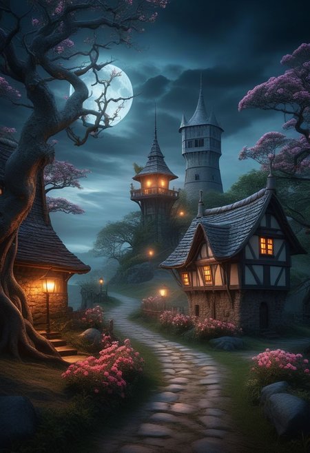 A mesmerizing mythical nightscape featuring a dark, cloudy sky with a full moon casting eerie shadows. In the foreground, a towering tree with twisted branches and glowing flowers illuminates the mysterious path ahead. Ethereal creatures like unicorns, fairies, and elves are seen interacting with the environment. The background reveals a distant, mystical village with glowing windows and a watchtower. The overall ambiance of the image is enchanting, mystical, and slightly eerie.