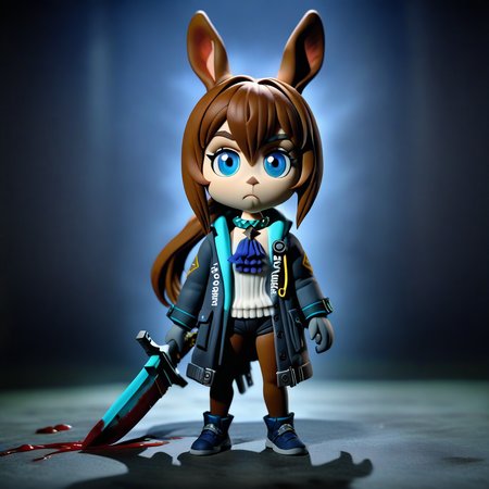 <lora:claymation-style_a31_xl_1:1>,claymation-style,full_body,(masterpiece),(best quality),1girl, animal ears, amiya (arknights), solo, blue eyes, rabbit ears, long hair, holding, looking at viewer, blood, weapon, blue ascot, holding weapon, brown hair, ascot, hair between eyes, sword, holding sword, jacket, blood on face, closed mouth, open clothes, sidelocks, open jacket, jewelry, shirt, neck ring, white shirt, black jacket, ponytail, glowing,