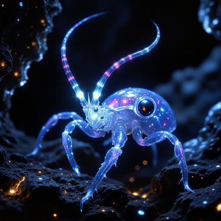 award-winning macro photo, short depth of field, hyper realistic, dim lighting, at night, bioluminescence, subsurface scattering, the skittering "rambunctious tinklegrup" is a pint-sized, flincklebugging marvel found in the damp, lumiglistening caves of "morbenth iv". this bioluminescent invertebrate sports translucent, flirbled carapaces that refract faint light into shimmering rainbows. its fribbering antennae are sensitive to the caves eternal vibrations, allowing it to detect both predators and its favored food, the elusive "mossyclining sparklemites." the tinklegrubs habitat features undulating walls of glistening stalagshimmer and faintly glowing fungal blooms, creating a truly gramblifying ecosystem, highly detailed, intricate, detailed background, golden ratio, arsmjstyle, dnddarkestfantasy, in the style of ck-ovf, aidmafluxpro1.1, 
<lora:epic_gorgeous_details-balance-flux-by_flyway:0.52> 
<lora:style-dnd_dark_fantasy-flux-by_arsmachina:0.76> 
<lora:style-oneviolentfantasy-ep21-flux-by_chronoknight:0.56> 
<lora:flux_pro1.1_detailer-v0.2-flux-by_aidma:0.56>