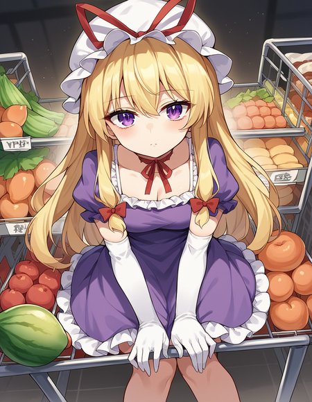 score_9, score_8_up, score_7_up, source_anime, <lora:yukari-yakumo-ponyxl-lora-nochekaiser:1>, yukari yakumo, purple eyes, blonde hair, sidelocks, long hair, hair bow, bangs, multiple hair bows,, choker, dress, elbow gloves, frilled dress, frills, gloves, hhat, hat ribbon, mob cap, puffy short sleeves, puffy sleeves, purple dress, red bow, red ribbon, ribbon, ribbon choker, short sleeves, white gloves, white hat, grocery store, shopping cart, picking fruits, everyday life, , hands on own knees, looking at viewer, solo,, dutch angle, cowboy shot