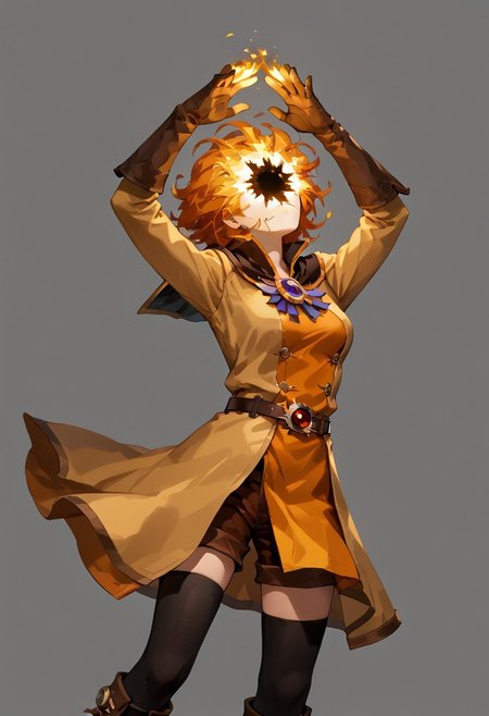 score_9, score_8_up, score_7_up,
lord_of_frenzy, fire head,
novakin, faceless, no eyes, no mouth, no nose, no facial features, short fiery yellow orange hair, body made of black plasma,
open hands, hands on face front,
hands on own head, 
upside-down, backflip,
magical girl outfit, (steampunk dress:1.1), boots, (brown shorts:1.1), black tights, medium breasts, belt, gloves, head up, 
simple background, grey background,