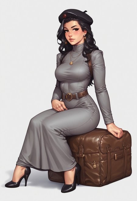 <lora:f4nto_v2:50>, f4nt,
retro artstyle,1980s \(style\), science fiction, realistic, solo focus, 
<lora:retro-comic-80:1>, 
1girl, solo, black hair, hat, long hair, grey dress, dress, black headwear, white background, sitting, leaning to the side, long sleeves, beret, arm support, looking to the side, simple background, realistic, jewelry, yokozuwari, brown eyes, earrings, blush, bag, (((full clothed))),
BREAK 
strange world background score_9, score_8_up, score_7_up, score_6_up, source_cartoon, rating_explicit, Expressiveh, (((((full body))))), dynamic pose