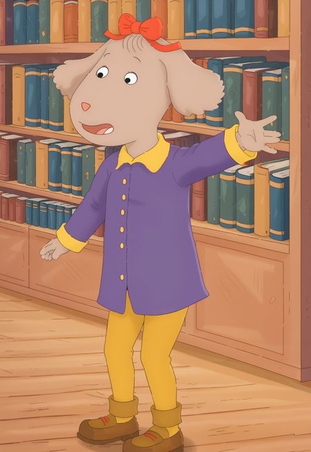 Fern Walters, 1girl, solo, anthropomorphic dog, animal ears, tannish grey fur. red bow on her head,
long sleeved purple blouse with yellow buttons, yellow pants, brown loafers
library, books, reaching for book