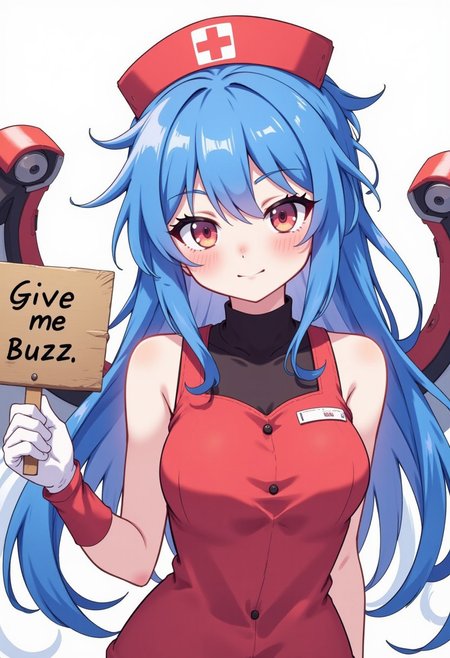 score_4,score_5,score_6,score_7_up,score_8_up,score_9 ((masterpiece,best quality,ultra detailed,highres,HD,4k:1.2)), 1 girl,solo,face focus, ayanami_rei,rei ayanami, blue hair, ((long hair, Messy Hair,head gear, :1.2)),red eyes, Red nurse uniform, red nurse cap, bare shoulders, black turtleneck,coverd navel,white gloves,Black tights, red knee-high boots, wings,energy wings,mechanical wings, 
(("Give me Buzz.",Beggars Borad,Holding a sign, holding a sign that says, "Give me Buzz."))
closed mouth, blush, looking at viewer, light smile,