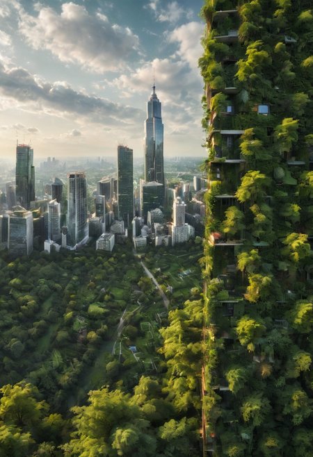 A high definition, high quality, realistic photograph of a cityscape completely integrated into nature, from the side, skyscraper, tree, detail, greenery, green space, cloud,  detailxl